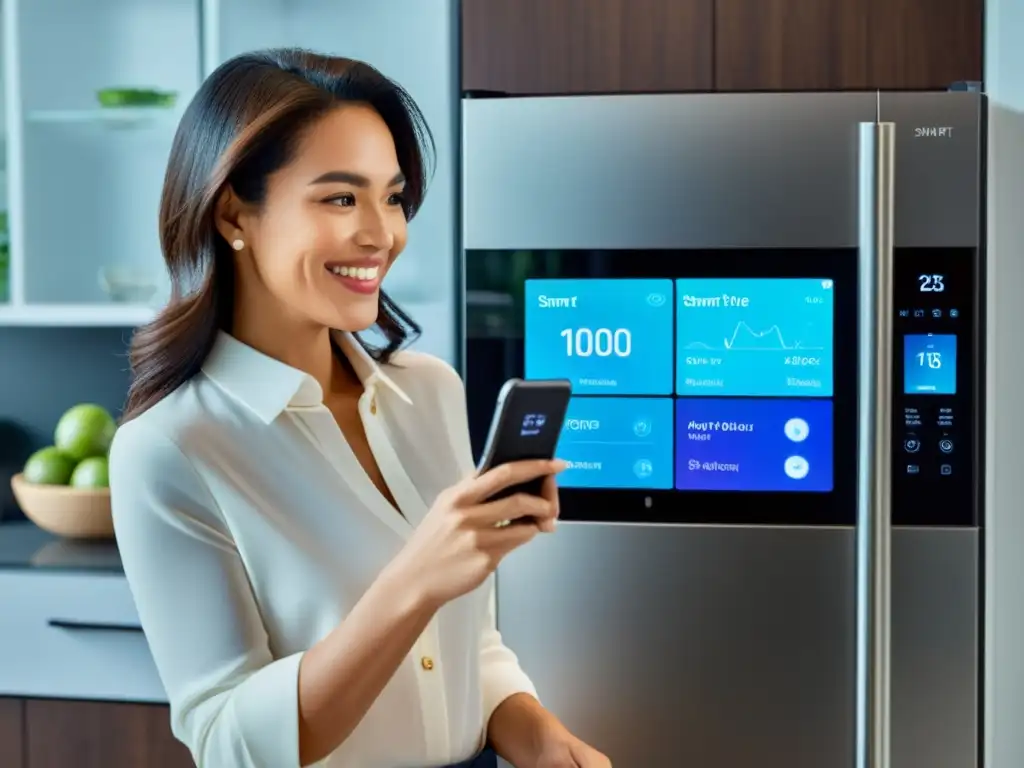 Una mujer sonríe mientras configura su moderno refrigerador inteligente en una cocina luminosa y elegante