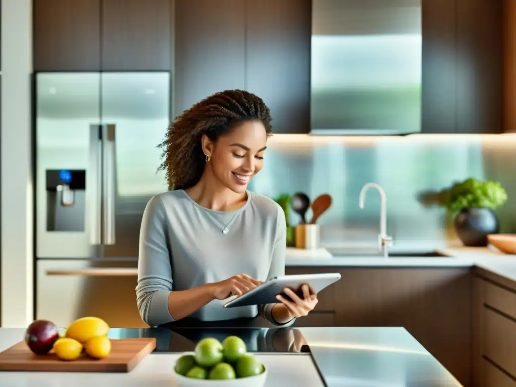 Empoderamiento femenino en la cocina moderna Una mujer multitarea en una cocina moderna, mostrando la contribución de los electrodomésticos a la emancipación femenina