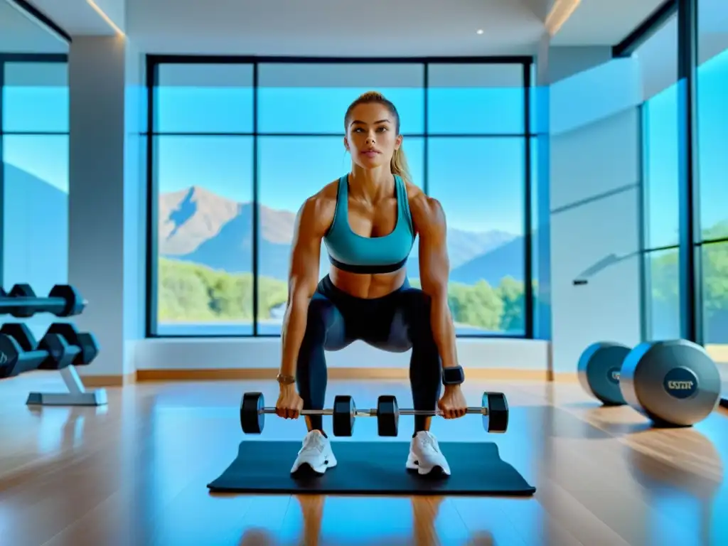 Entrenamiento en casa con pesas inteligentes Una mujer levanta pesas inteligentes en su gimnasio en casa, en un ambiente moderno y luminoso para fortalecimiento en casa con pesas inteligentes