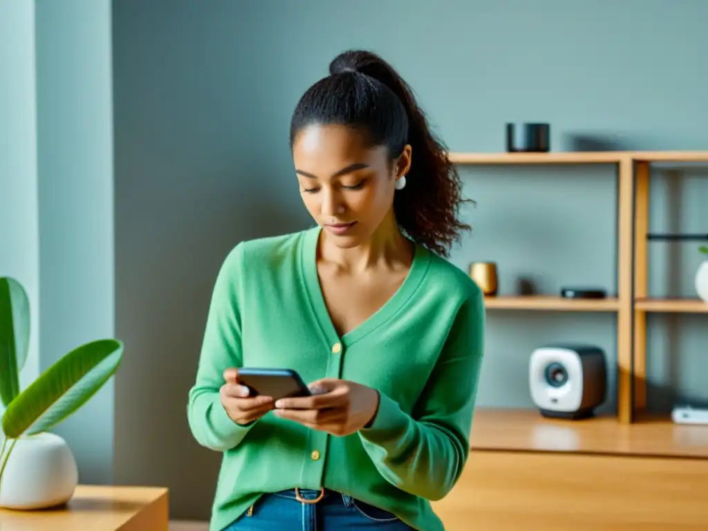 Una mujer resuelve problemas al instalar un dispositivo inteligente en una habitación contemporánea