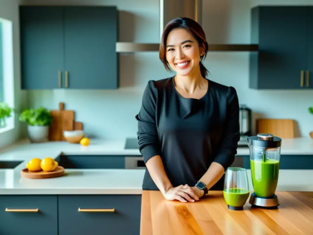 Experta en Reparación de Batidoras: Soluciones Rápidas y Efectivas Una mujer con sonrisa segura ofrece solución rápida para batidora que no arranca, irradiando competencia y cercanía en una cocina moderna y bien iluminada