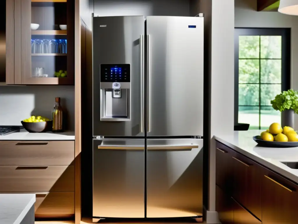 Refrigerador de acero inoxidable con diseño moderno y alta tecnología Una nevera de acero inoxidable moderna y elegante, con luces LED y dispensador de agua y hielo
