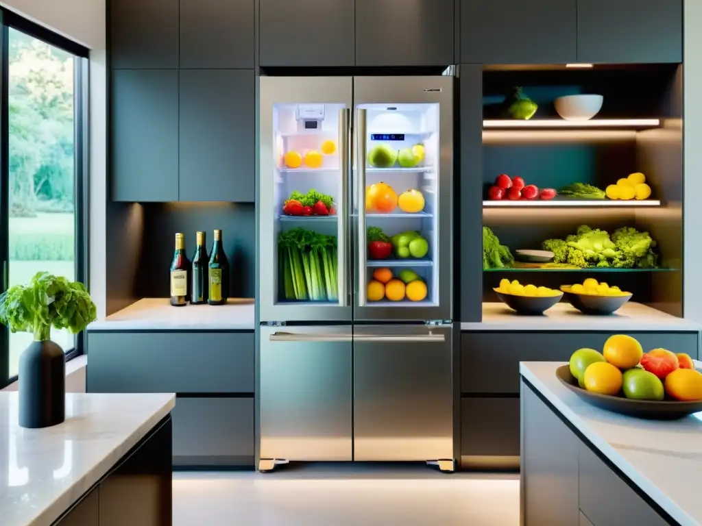 Frigorífico de acero inoxidable con puerta de cristal y alimentos coloridos Una nevera de acero inoxidable moderna y elegante con puerta de vidrio, repleta de alimentos y bebidas coloridos
