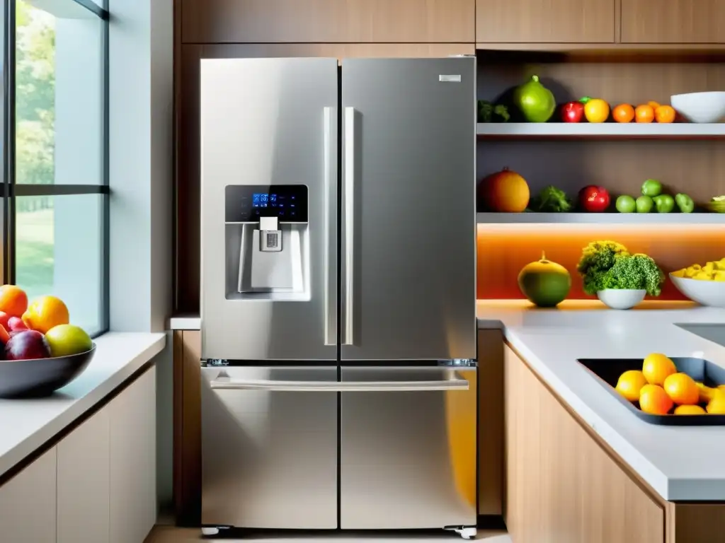 Refrigerador de acero inoxidable con frutas y verduras Una nevera de acero inoxidable moderna con frutas y verduras coloridas, iluminada en una cocina espaciosa y elegante