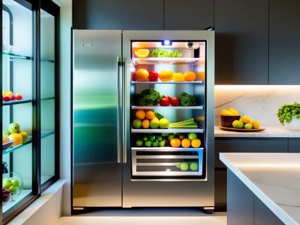 Refrigerador de acero inoxidable con puerta de vidrio: exhibición vibrante de alimentos y bebidas Una nevera de acero inoxidable con puerta de vidrio, repleta de alimentos y bebidas coloridos