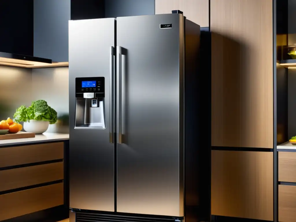 Refrigerador de acero inoxidable con certificación IEC 60335 Una nevera de acero inoxidable con certificación de seguridad IEC 60335, reflejando modernidad y normativa IEC 60335 electrodomésticos seguros