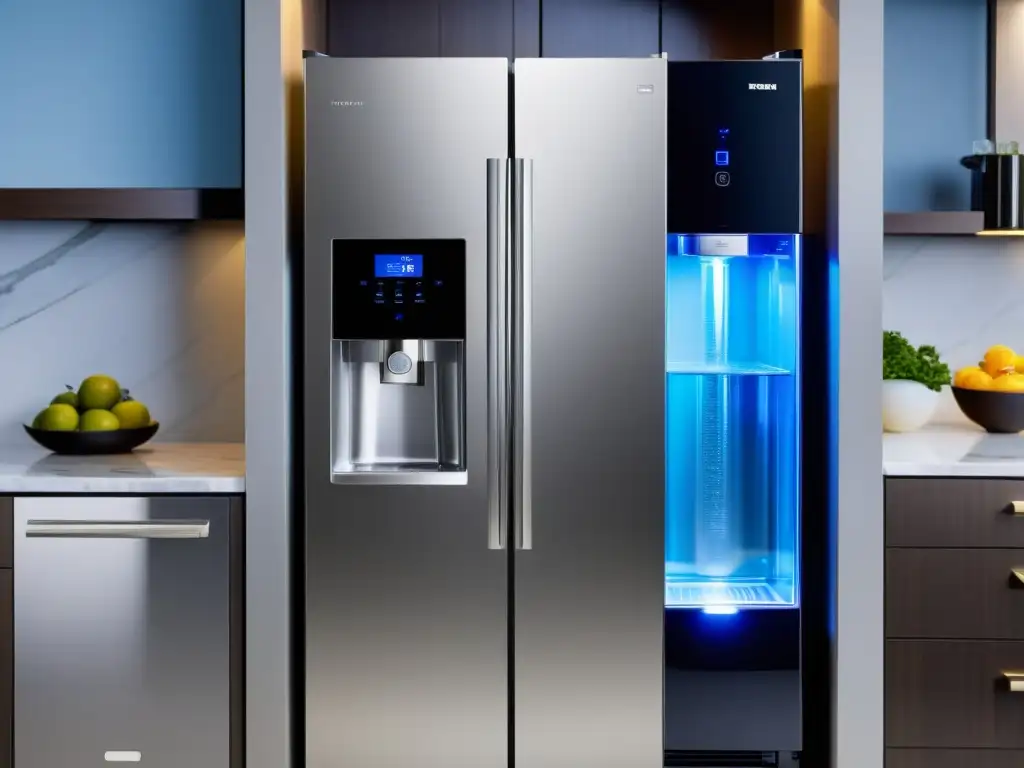 Refrigerador de acero inoxidable con filtro de agua y diseño minimalista Nevera de acero inoxidable con sistema de filtrado de agua incorporado, dispensador con interfaz digital y luces LED azules