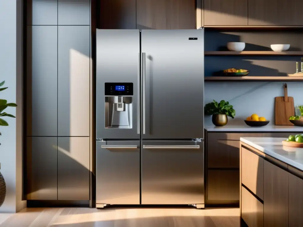 Refrigerador moderno con acabado de acero inoxidable Una nevera moderna de acero inoxidable con controles táctiles LED, iluminación interior LED y opciones de almacenamiento personalizables
