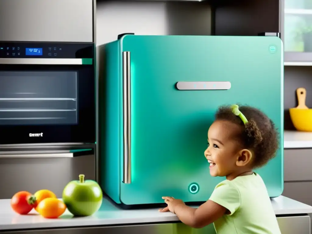 Un niño sonriente interactúa con un electrodoméstico inteligente, seguro y educativo en una moderna cocina