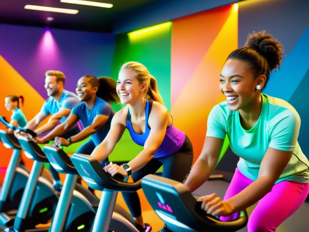 Divertida competencia fitness para niños en un gimnasio futurista Niños activos compitiendo en equipos de ejercicio inteligentes en un gimnasio moderno y brillante, fomentando estilos de vida saludables