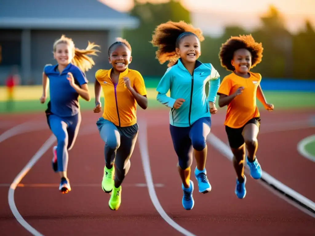 Carrera de relevos infantil al atardecer con tecnología fitness Niños con equipos de ejercicio inteligentes disfrutan una carrera de relevos al atardecer en una pista moderna
