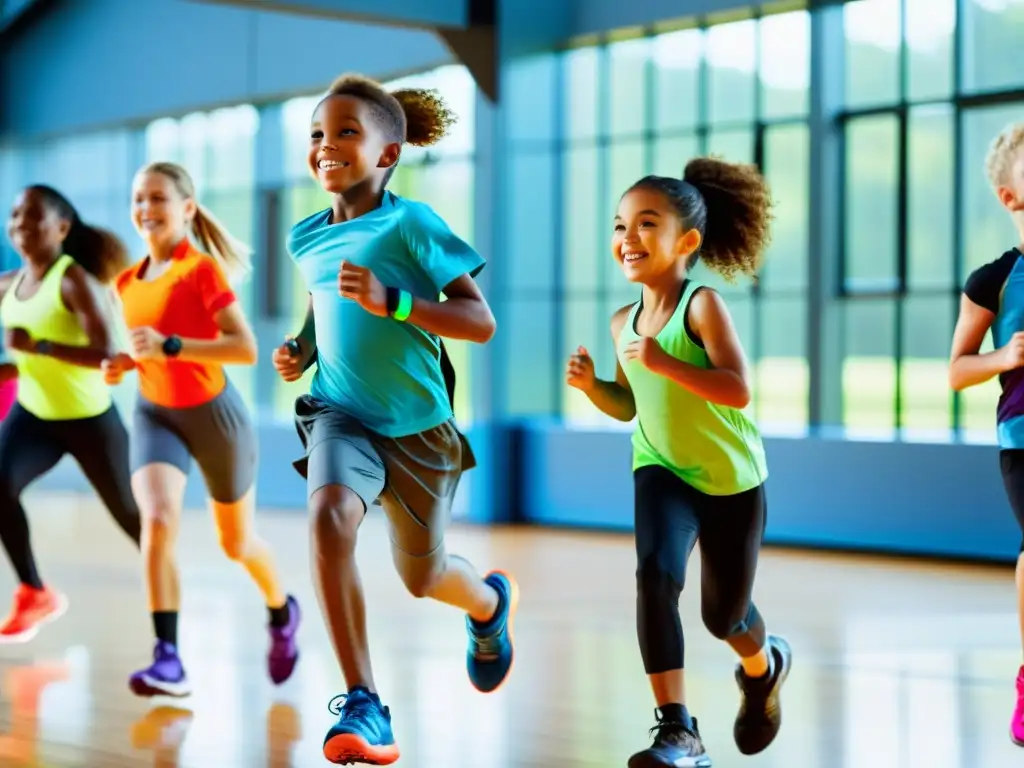 Niños activos disfrutan de ejercicio en gimnasio futurista Niños usando equipos de ejercicio inteligentes en un gimnasio moderno y vibrante, supervisados por un instructor amigable