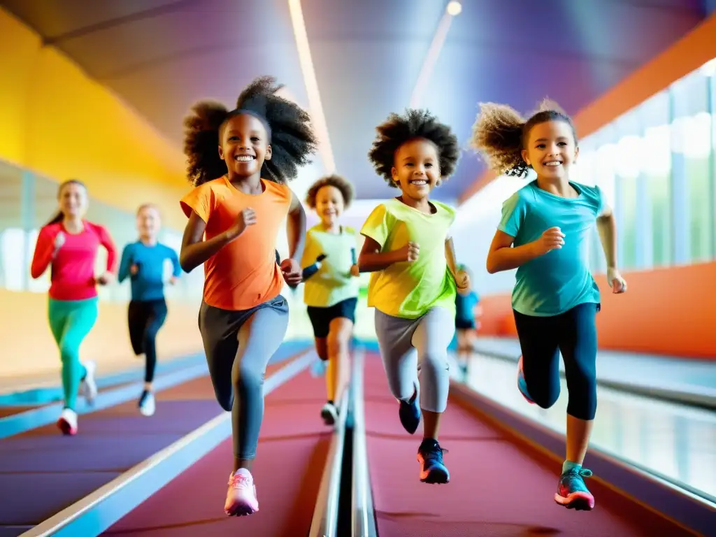 Niños activos disfrutan de tecnología fitness Niños felices usando equipos de ejercicio inteligentes en un entorno vibrante y moderno, fomentando un estilo de vida activo desde temprana edad