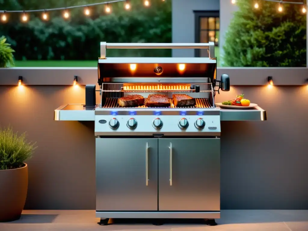Ofertas parrillas eléctricas asados perfectos: Parrilla eléctrica moderna con steaks jugosos en un ambiente acogedor de patio iluminado