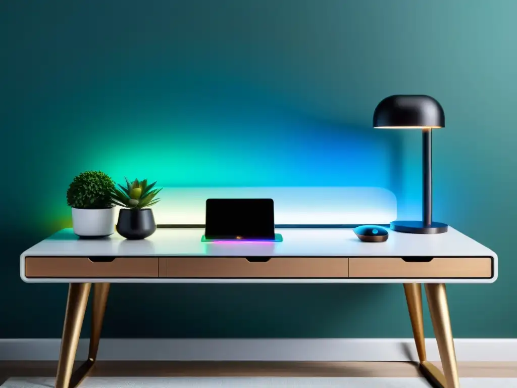Escritorio de oficina moderno con asistente de voz integrado Oficina en casa moderna con integración de equipos inteligentes de voz para una experiencia profesional y tecnológica única