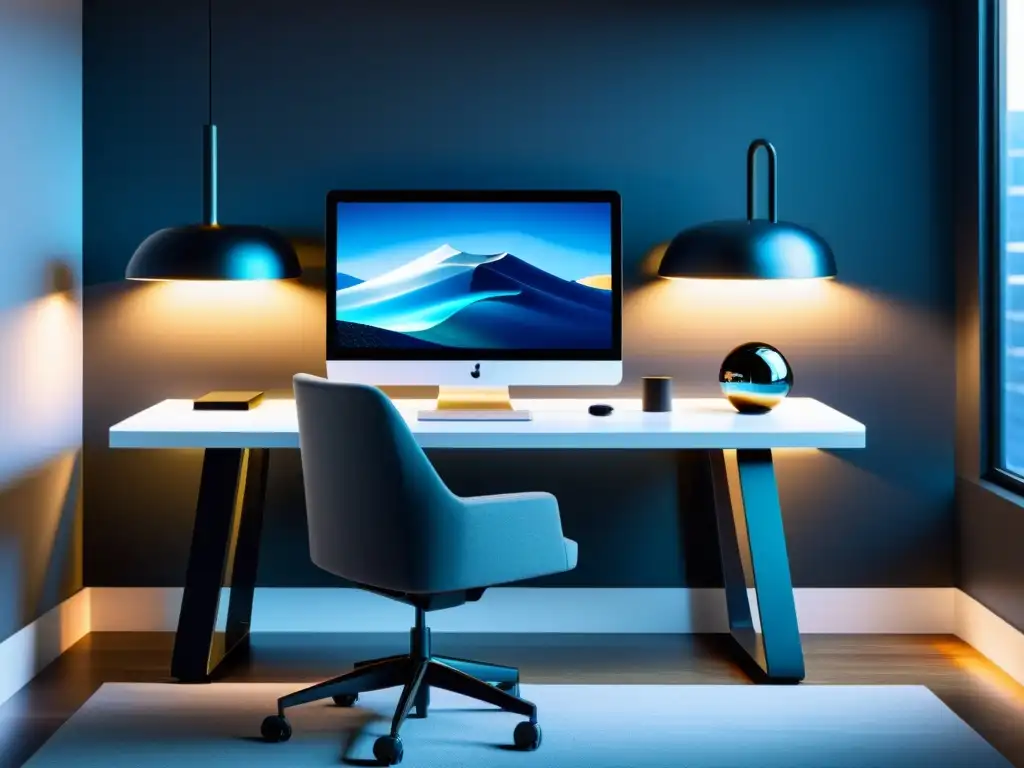 Oficina doméstica inteligente y futurista con tecnología de voz Oficina moderna con integración de equipos inteligentes de voz, diseño contemporáneo y ambiente profesional