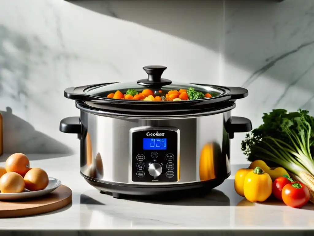 Deliciosa estofado casero en olla de acero inoxidable Olla de cocción lenta de acero inoxidable con guiso casero y verduras frescas