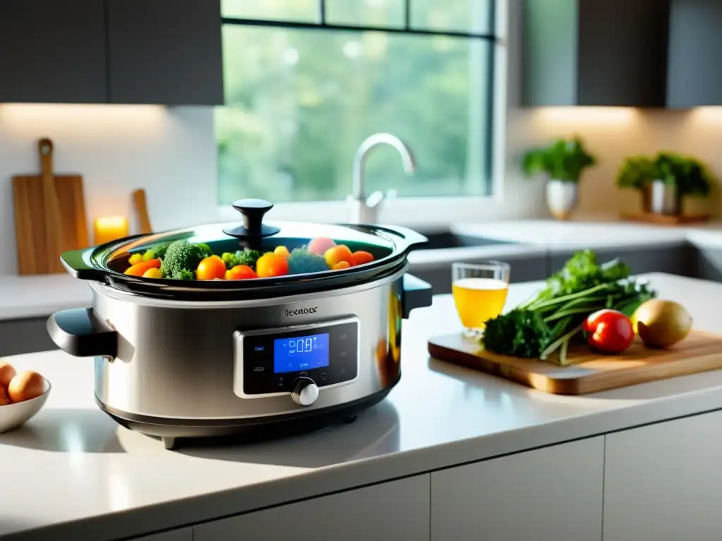 Slow cooker de acero inoxidable con verduras frescas Una olla de cocción lenta moderna y elegante con pantalla digital, acabado de acero inoxidable y tapa de vidrio