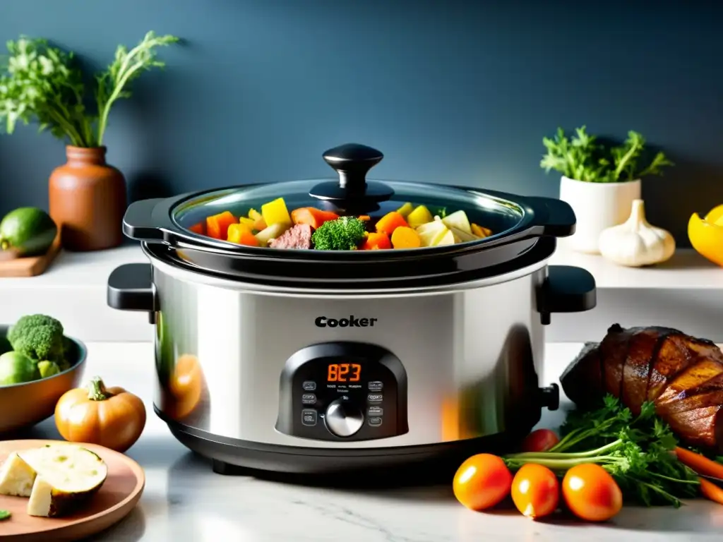 Sabrosa comida saludable cocinada a fuego lento Una olla de cocción lenta plateada llena de vibrantes vegetales y carnes, rodeada de hierbas aromáticas y especias