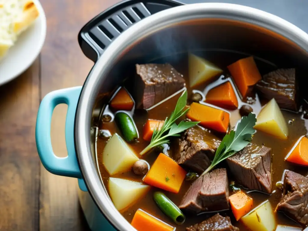 Delicioso estofado de carne en olla de acero inoxidable Una olla lenta de acero inoxidable muestra un delicioso guiso de carne, verduras y caldo, creando una atmósfera reconfortante y deliciosa