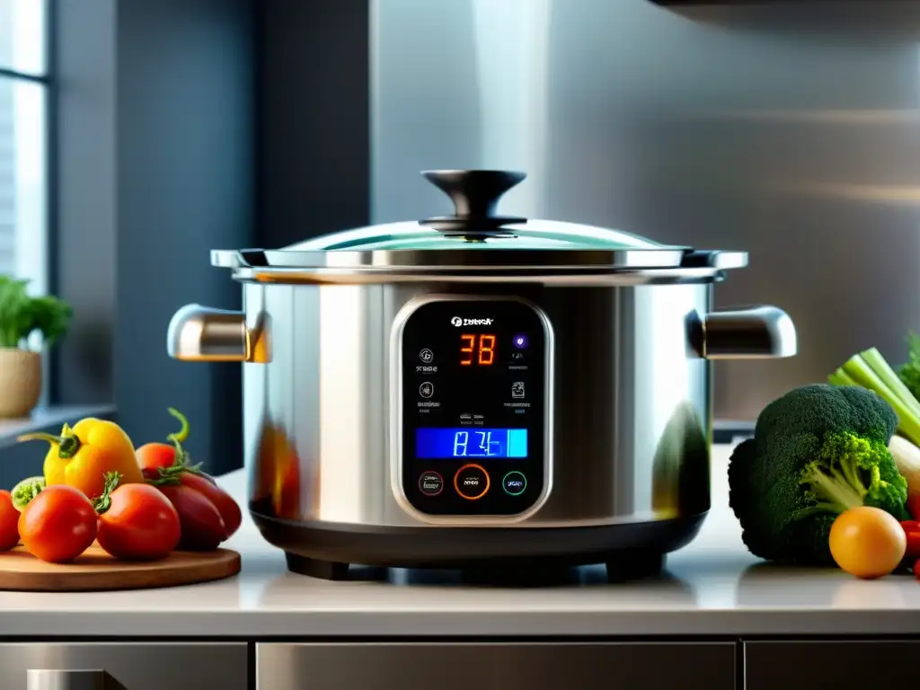 Olla multifuncional de acero inoxidable: cocina saludable y deliciosa Olla multifuncional de acero inoxidable con deliciosas comidas y vapor, en una cocina moderna y luminosa