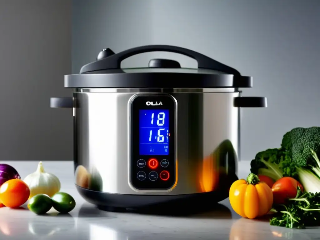 Olla multifuncional: estofado perfecto en minutos Una olla multifuncional de acero inoxidable en una cocina impecable