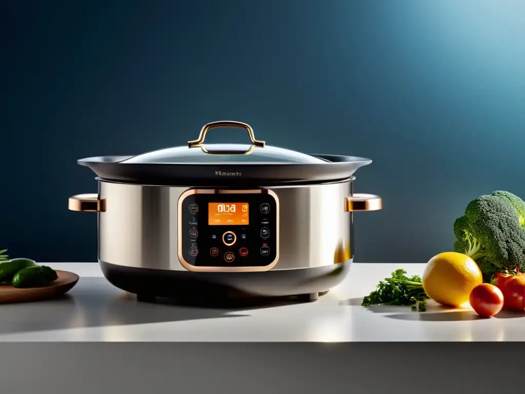 Olla multifuncional de acero inoxidable iluminando la cocina Olla multifuncional de acero inoxidable en cocina moderna, cocinando lentamente