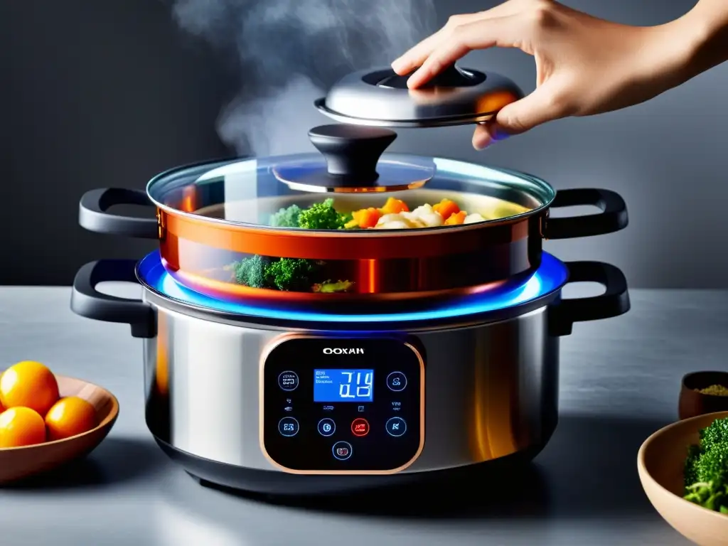 Olla multifuncional de alta tecnología: cocina lenta y rápida Olla multifuncional para cocción lenta y rápida con pantalla digital, rodeada de vapor y deliciosos platillos, de estética moderna e invitadora