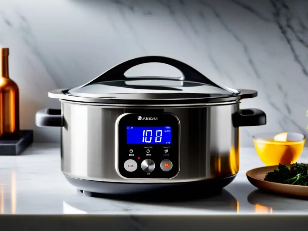 Olla multifuncional de diseño moderno en mármol blanco Una olla multifuncional para cocción lenta y rápida, refleja elegancia sobre encimera de mármol blanco, mostrando modernidad y eficiencia culinaria