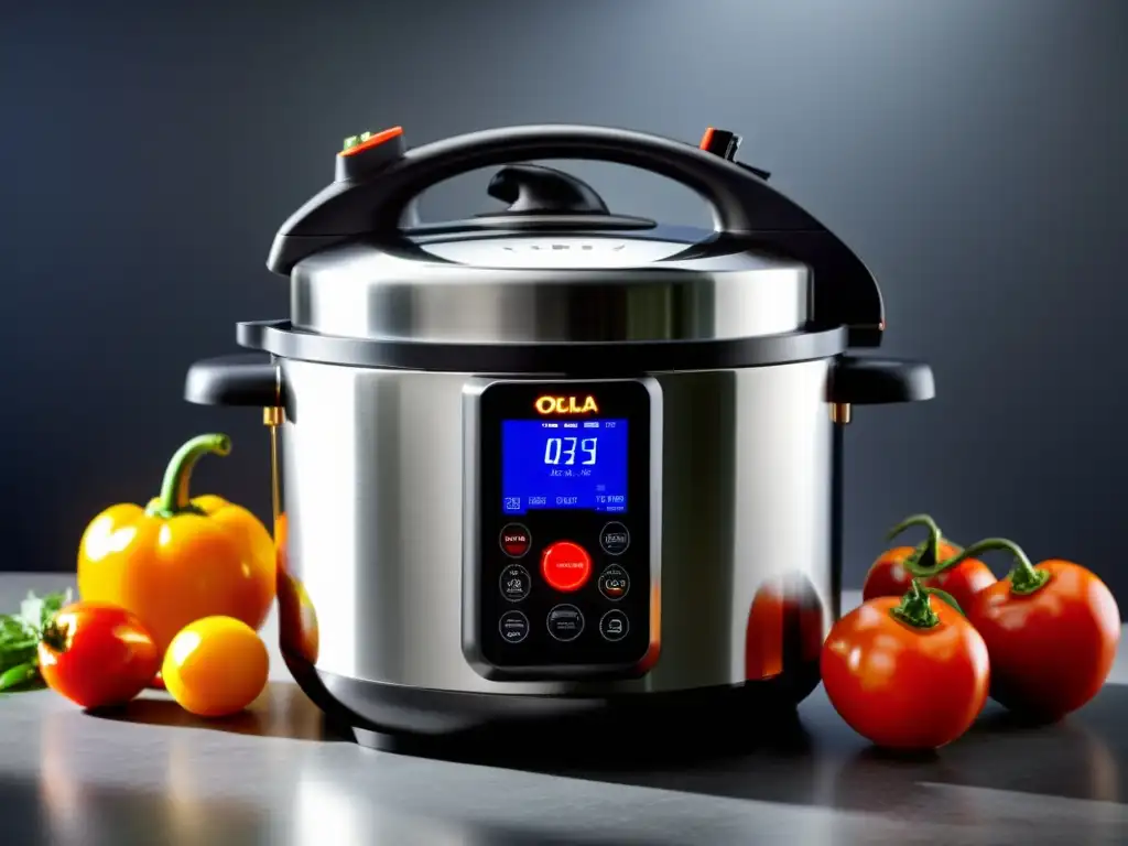 Olla a presión moderna con ingredientes frescos Una olla a presión multifuncional de diseño moderno rodeada de ingredientes frescos y vibrantes