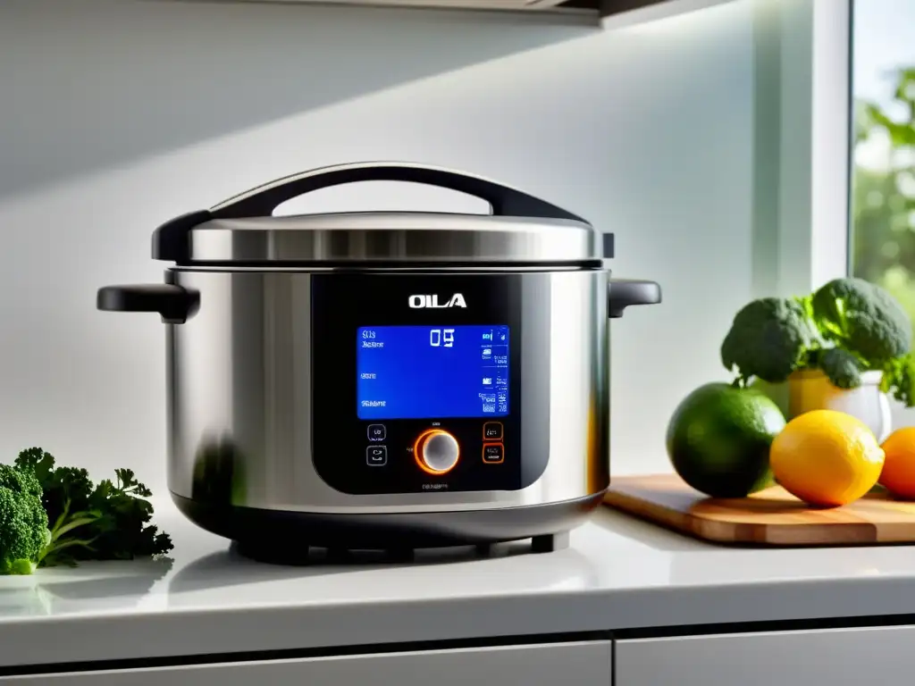Olla multifuncional de alta tecnología cocinando platos vibrantes Olla multifuncional de diseño moderno en una encimera blanca, rodeada de ingredientes frescos y vibrantes