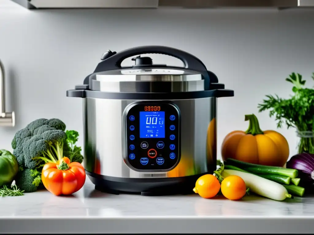 Cocina inteligente: ollas a presión modernas y frescos ingredientes Una olla a presión inteligente y moderna con ingredientes frescos en una cocina luminosa