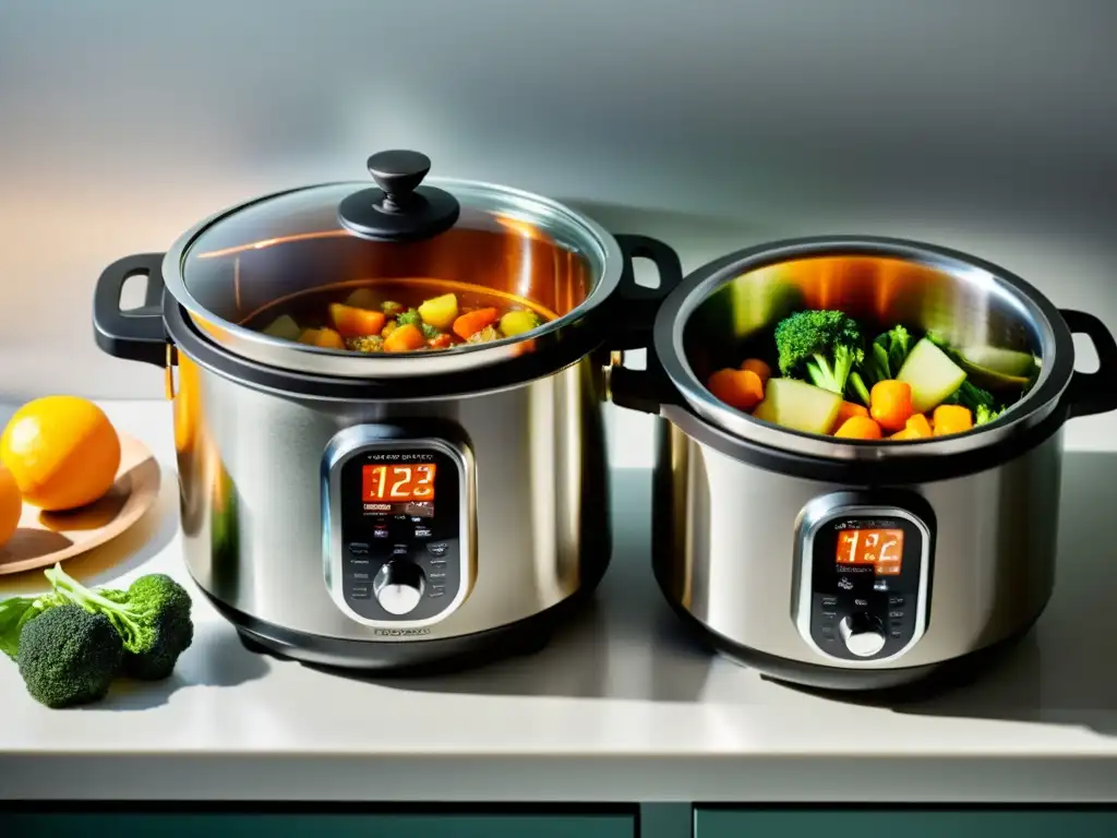 Cocina moderna: Olla a presión vs Dos ollas a presión y ollas lentas en una cocina moderna, con vapor y guiso burbujeante, destacando eficiencia y versatilidad