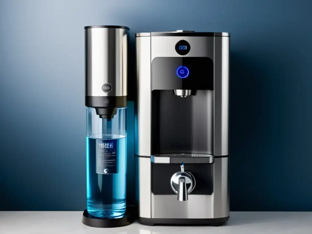 Dispensador de agua moderno vs Dos opciones modernas para obtener agua: dispensador de botellón vs filtro de grifo, en una cocina contemporánea y sofisticada