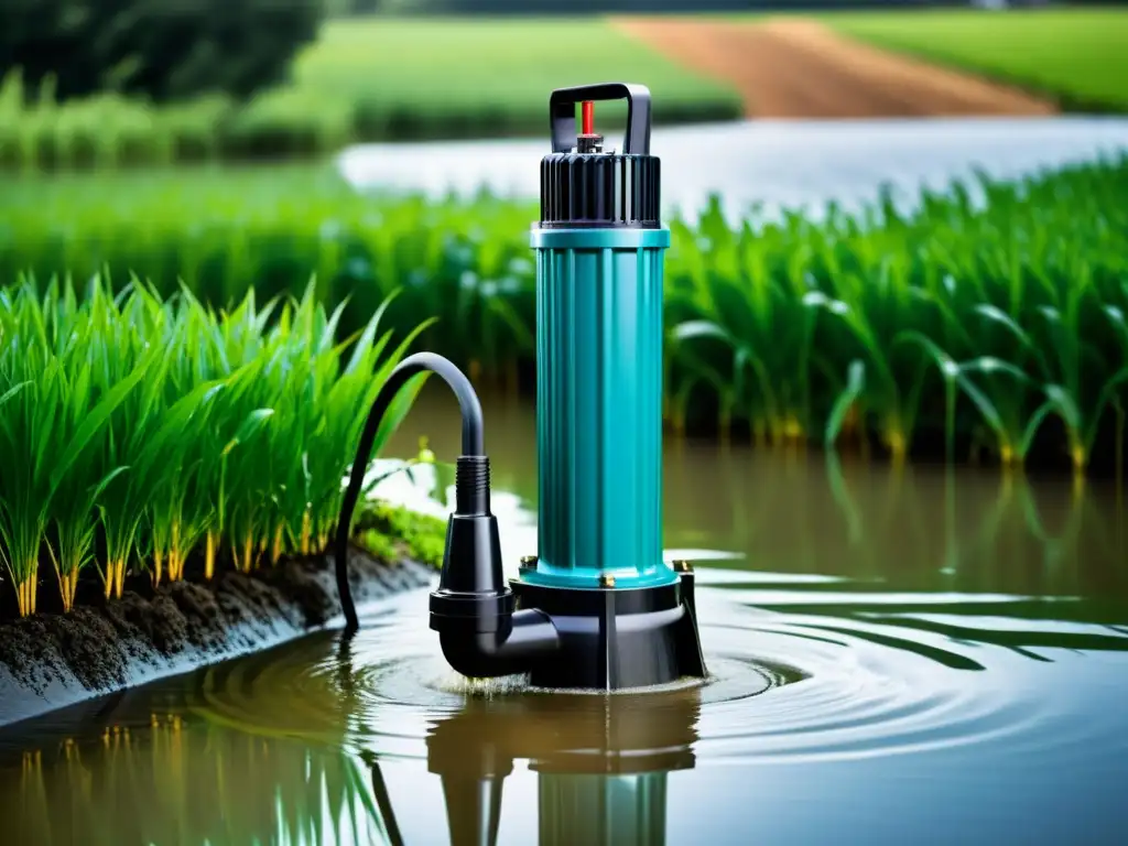 Poderosa bomba de agua sumergible en acción Operarios supervisan bombas de agua sumergibles eficientes drenando inundación con profesionalismo y confianza