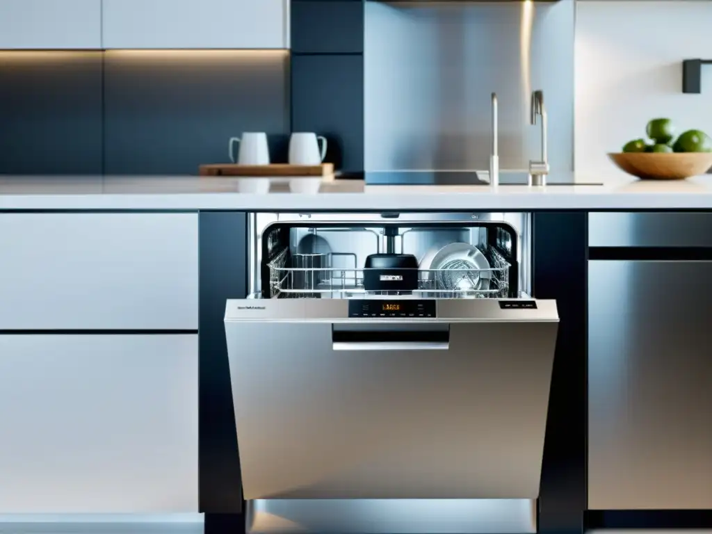 Lavavajillas Miele G 7000: Elegancia y eficiencia en la cocina Opiniones lavavajillas Miele G 7000: Cocina moderna con lavavajillas brillante y elegante, ambiente sofisticado y eficiente
