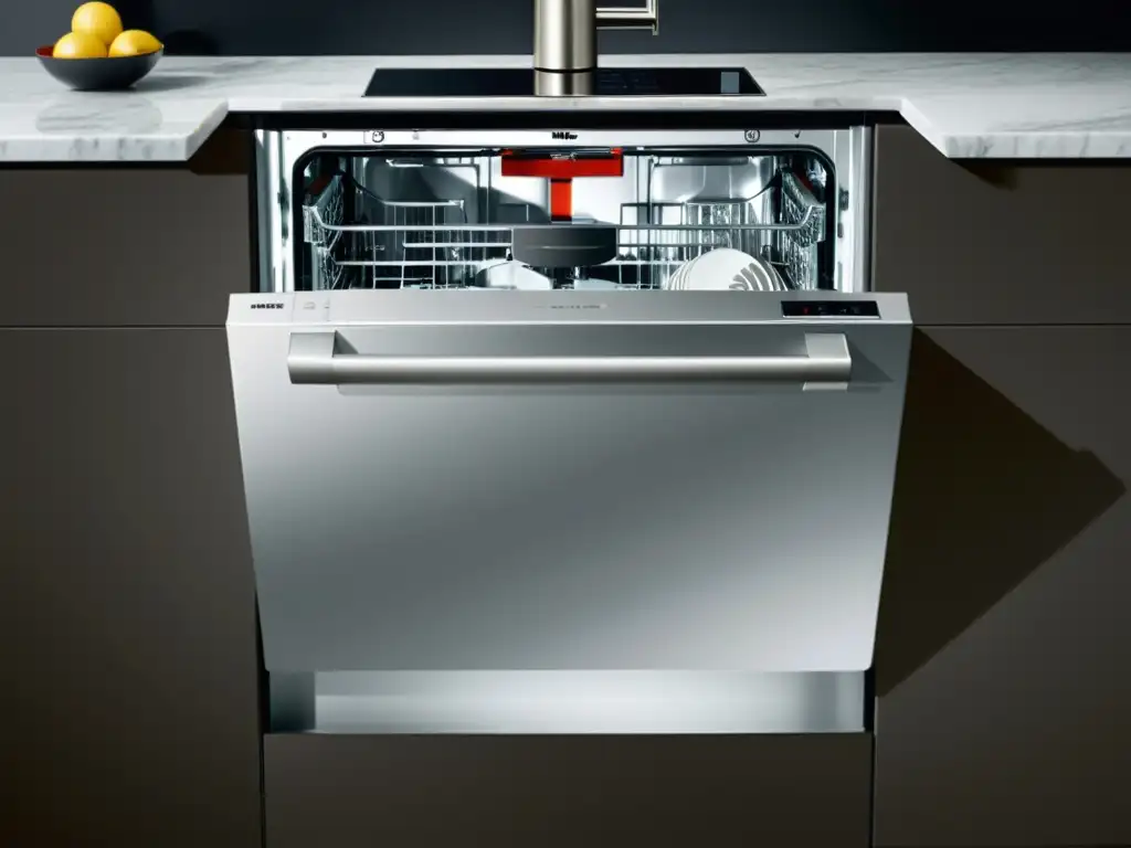 Lavavajillas Miele G 7000: Lujo y Tecnología Opiniones lavavajillas Miele G 7000: Un lavavajillas moderno y lujoso en una cocina contemporánea con iluminación suave y tecnología de vanguardia