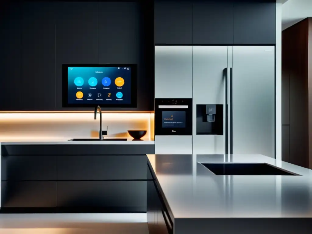 Cocina moderna: panel de control high-tech integrado en la encimera Panel de control de alta tecnología integrado en la encimera de una cocina moderna, con evaluación crítica del software y diseño vanguardista