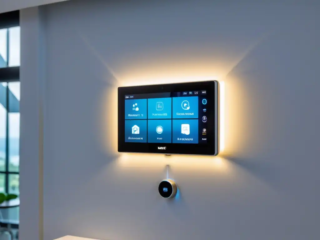 Panel de control de hogar inteligente: diseño futurista y control por voz Panel de control de casa inteligente con integración de voz Siri y HomeKit, rodeado de dispositivos inteligentes y luces ambientales LED