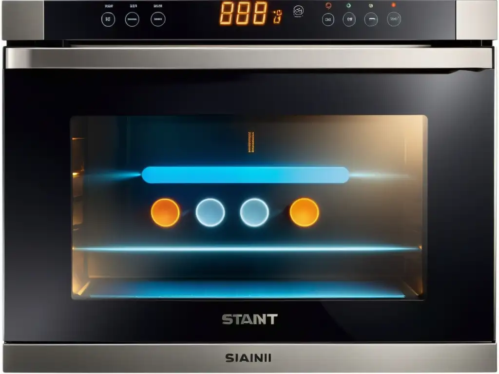 Panel de control digital de horno: tecnología moderna y precisión Un panel de control digital de horno con pantalla táctil moderna e iluminación cálida, mostrando opciones de temperatura y modo de cocción