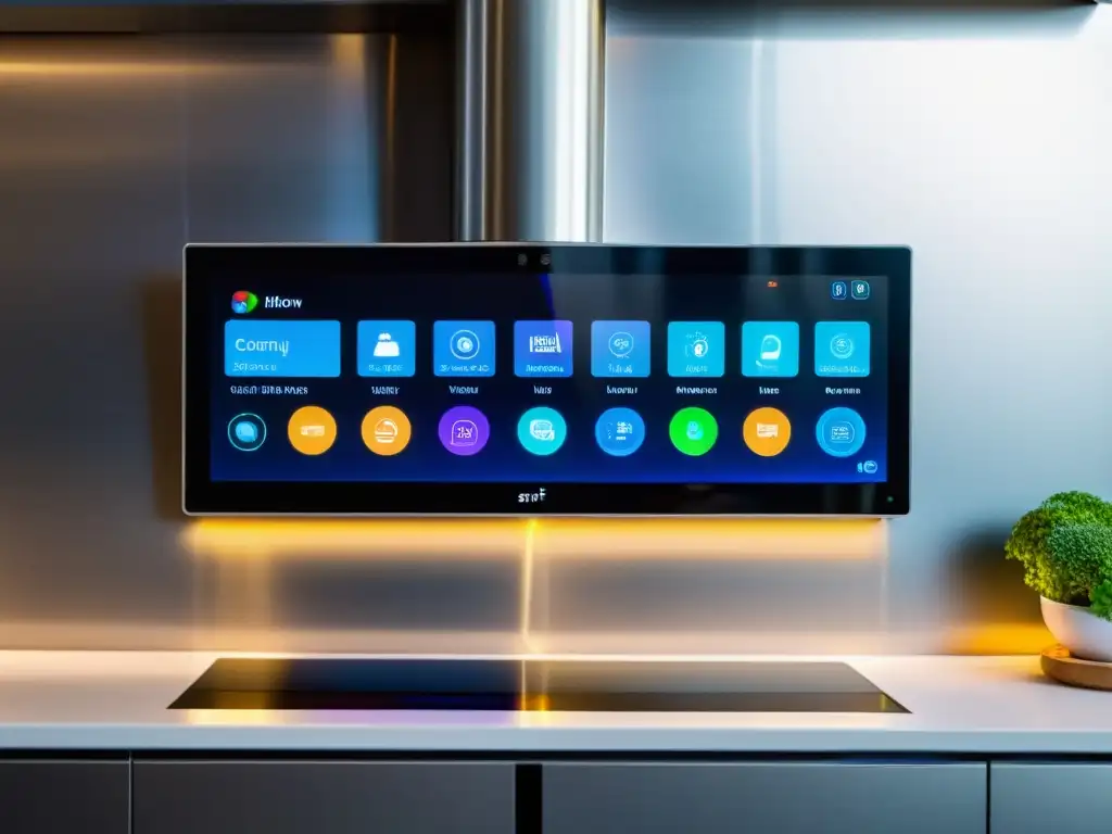 Panel de control domótico: Tecnología futurista en la cocina Panel de control de dispositivos inteligentes para el hogar en cocina moderna, con pantalla táctil, diseño futurista y funciones de gestión del hogar