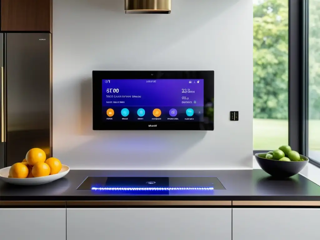 Panel de control inteligente para hogar moderno en cocina minimalista Panel de control de dispositivos inteligentes para el hogar en cocina moderna y minimalista con pantalla táctil vibrante y ambiente cálido