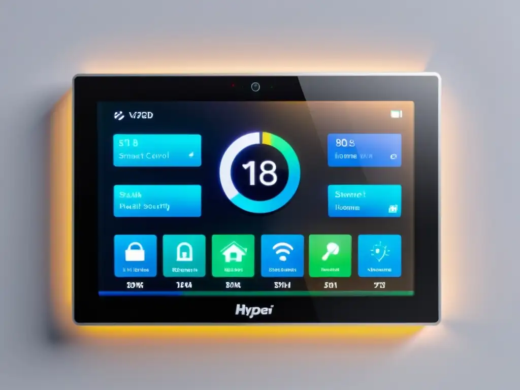Panel de control inteligente para hogar: tecnología futurista Panel de control de dispositivos inteligentes para el hogar con pantalla táctil, iluminación ambiental y diseño minimalista en pared blanca