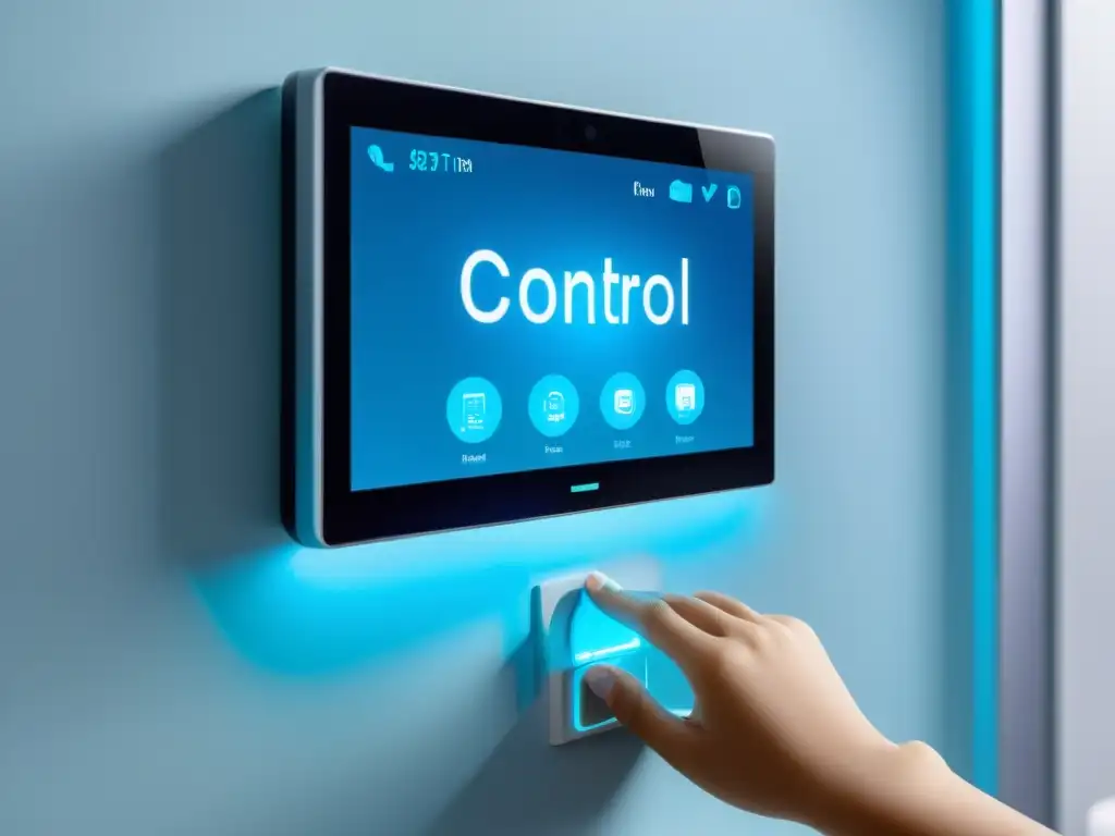Panel de control parental: tecnología y seguridad en el hogar moderno Panel de control domótico con configuraciones seguras para control parental, iluminado en azul, en un hogar moderno y elegante