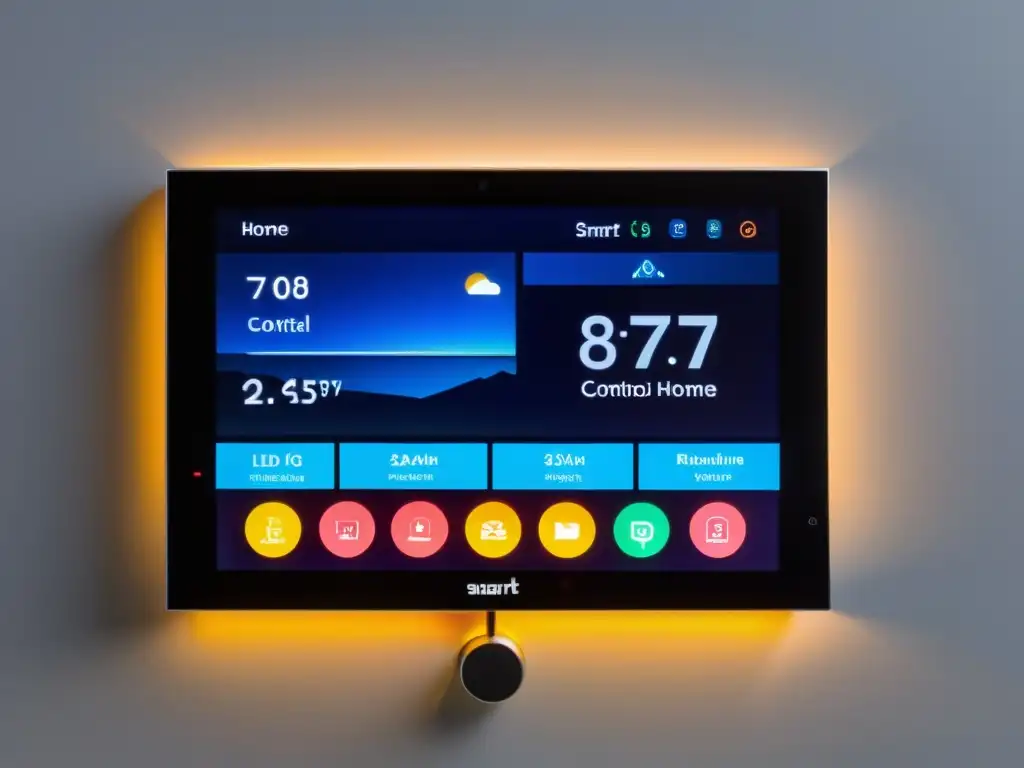 Panel de control domótico con pantalla táctil y diseño futurista Panel de control domótico futurista con pantalla táctil y gráficos vibrantes