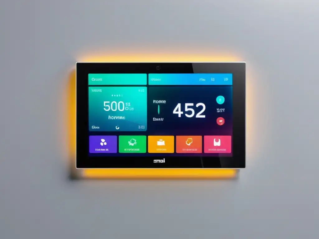 Panel de control para hogar inteligente: diseño moderno y minimalista Panel de control domótico moderno en pared blanca, con pantalla táctil y elegante interfaz futurista