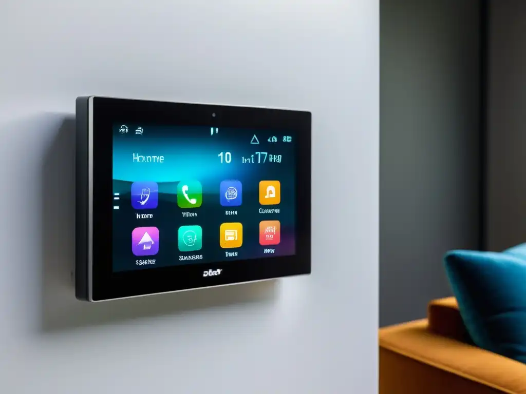 Panel de control de hogar inteligente: elegancia y funcionalidad Un panel de control domótico moderno en una pared blanca, con iconos coloridos para controlar la iluminación, temperatura, seguridad y entretenimiento
