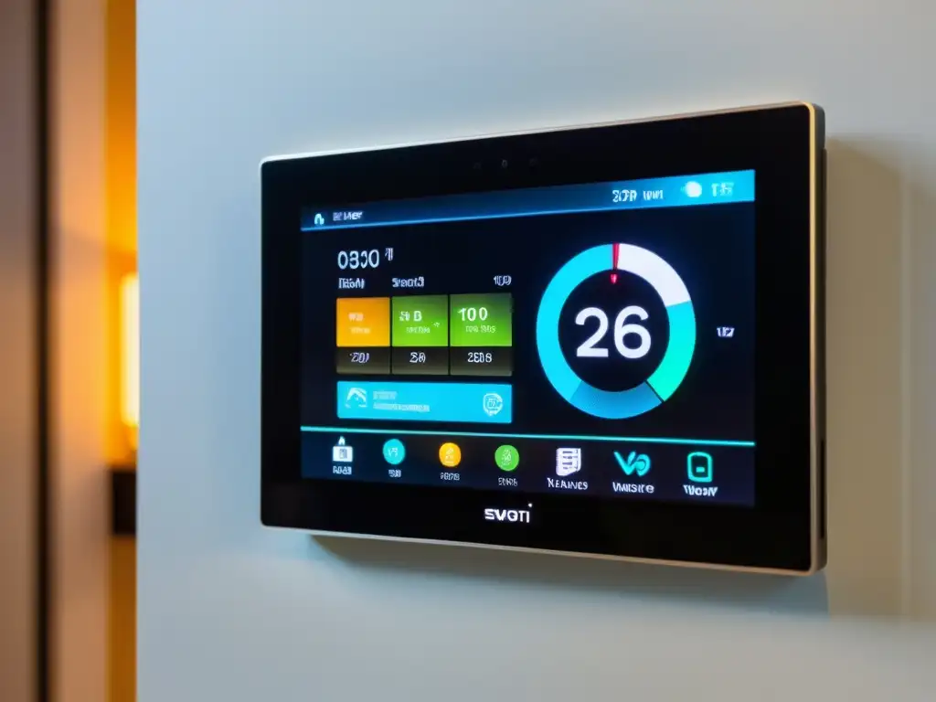 Panel de control inteligente para hogar moderno Panel de control domótico moderno en hogar, con pantalla táctil, gráficos vibrantes y diseño contemporáneo
