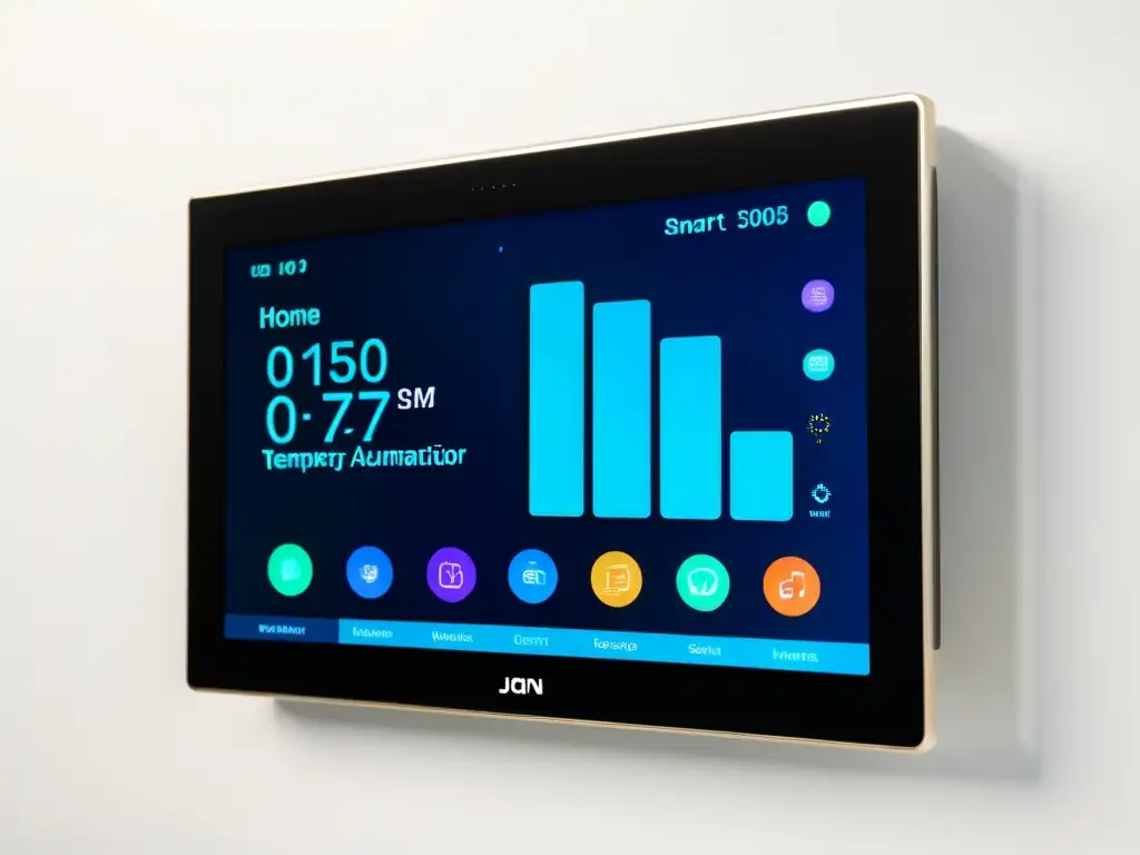 Panel de control de hogar inteligente: moderno y elegante Panel de control domótico moderno con pantalla táctil, elegante diseño y gráficos vibrantes