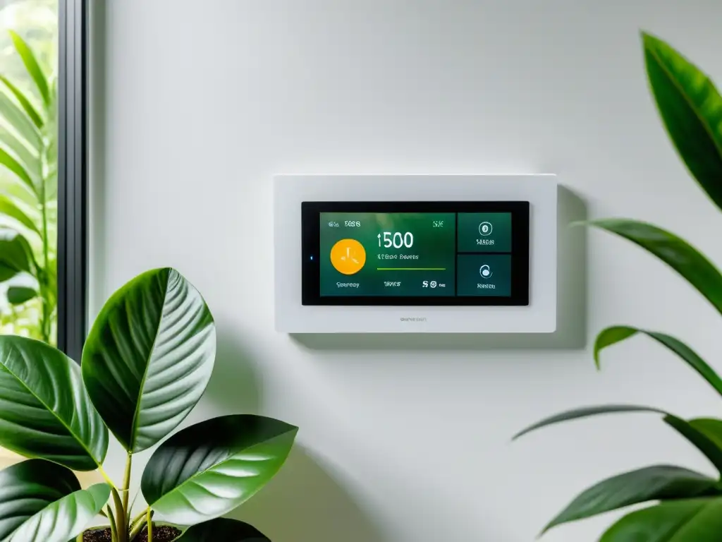 Panel de control domótico moderno en pared blanca, con plantas Panel de control domótico moderno en pared blanca, rodeado de plantas